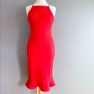 Red square neck frill hem midi dress